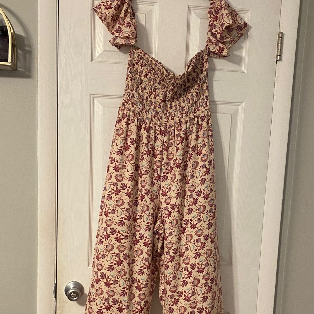 Smocked Floral Ruffle-Strap Jumpsuit- Cream with Burgundy Floral sz. L